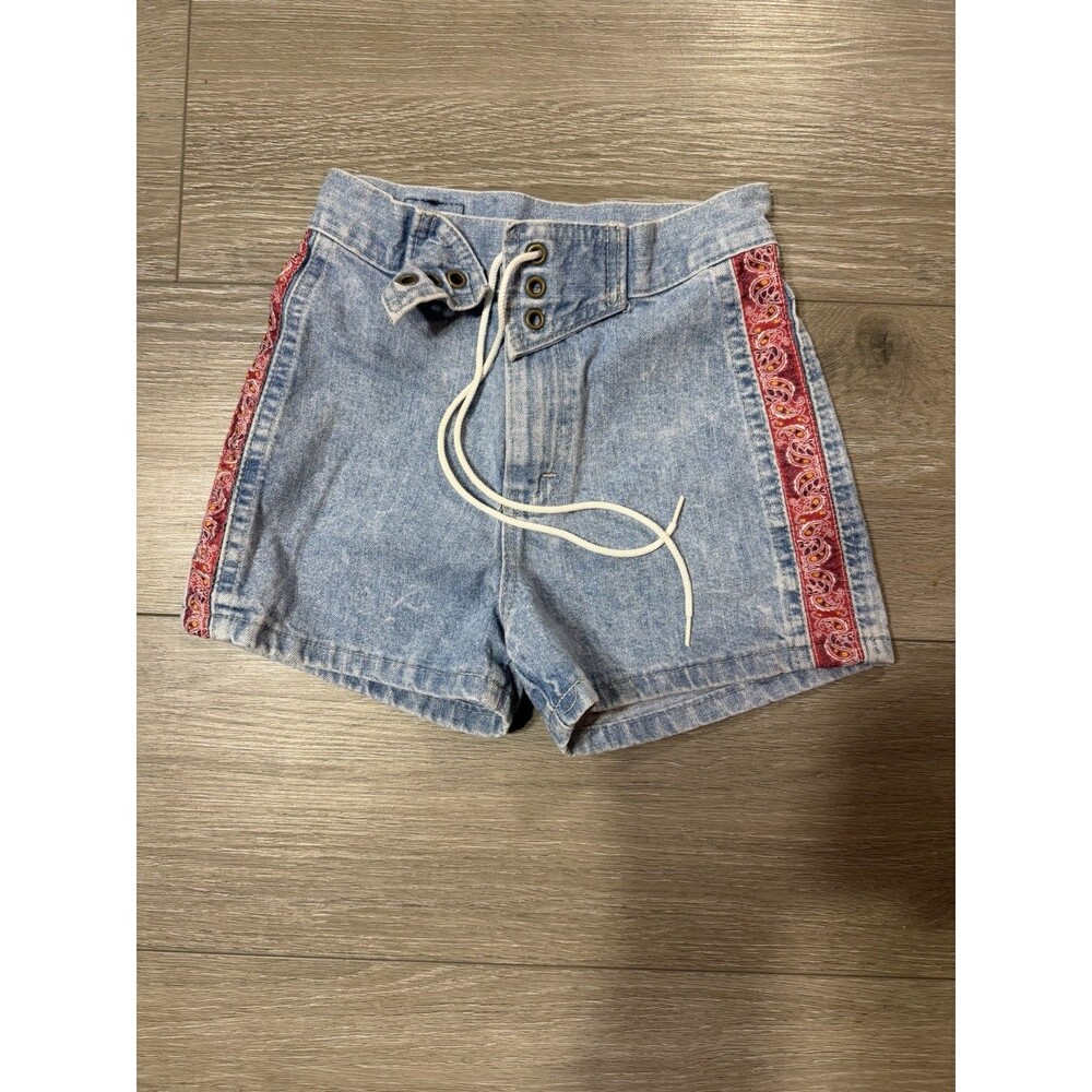 VTG 90s Lee Lace Up Denim Shorts - Made in USA - Paisley Side Stripe - Size 10